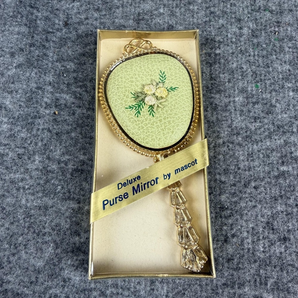 Vintage Mascot Deluxe Purse Mirror Gold Floral Hand Held Oval‎ Vanity Box USA